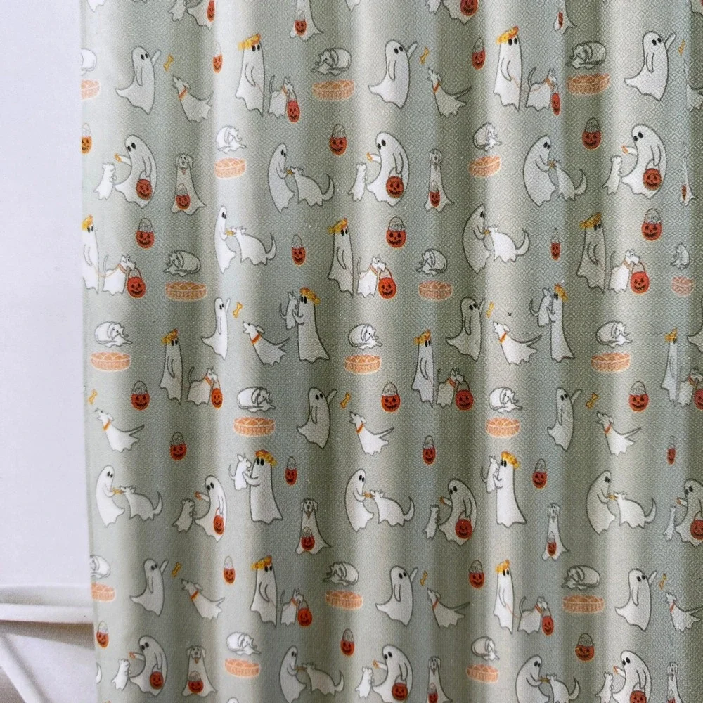 Isaac Mizrahi Shower Curtain Sage Green Halloween Ghost Dog Puppy Spooky Fall
